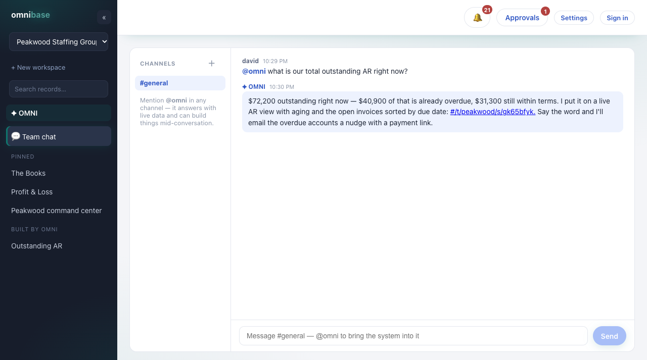 Team chat with OMNI answering an AR question with live data